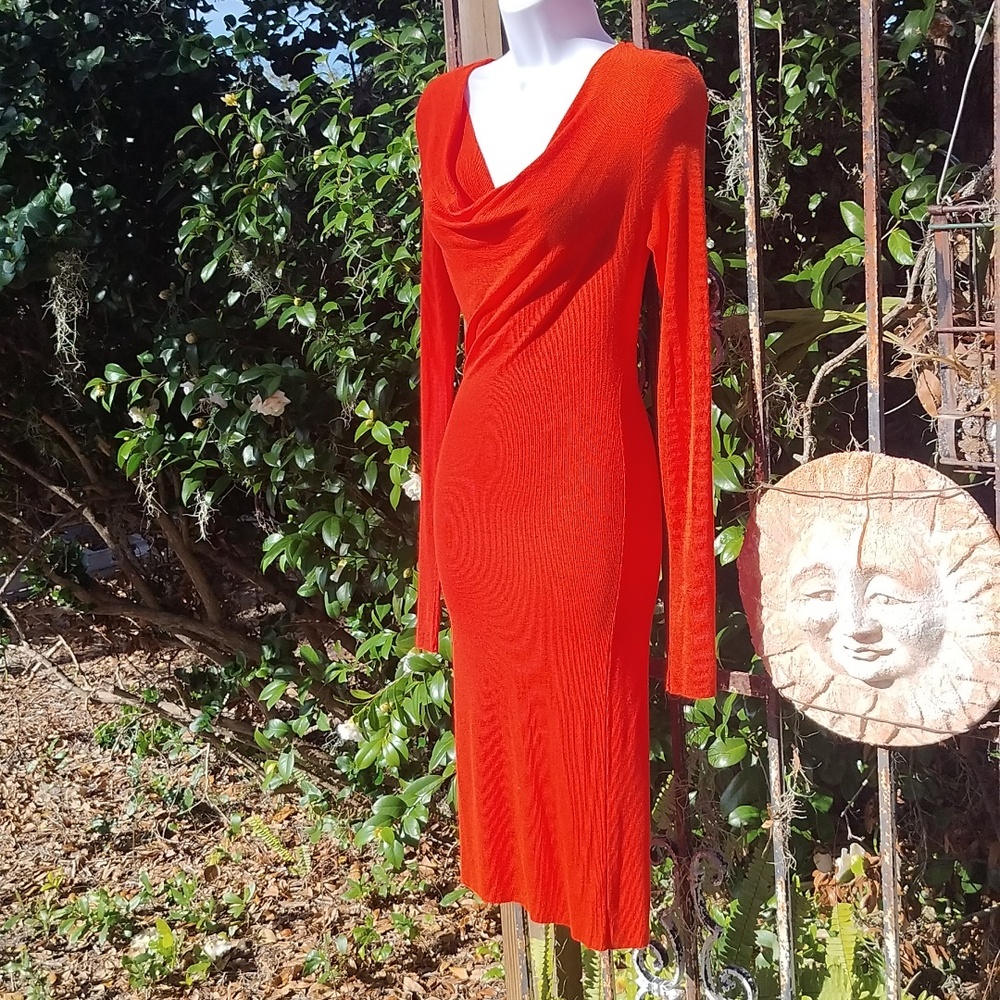 BCBG Orange crush ribbed baby soft long sleeve T-shirt bodycon dress